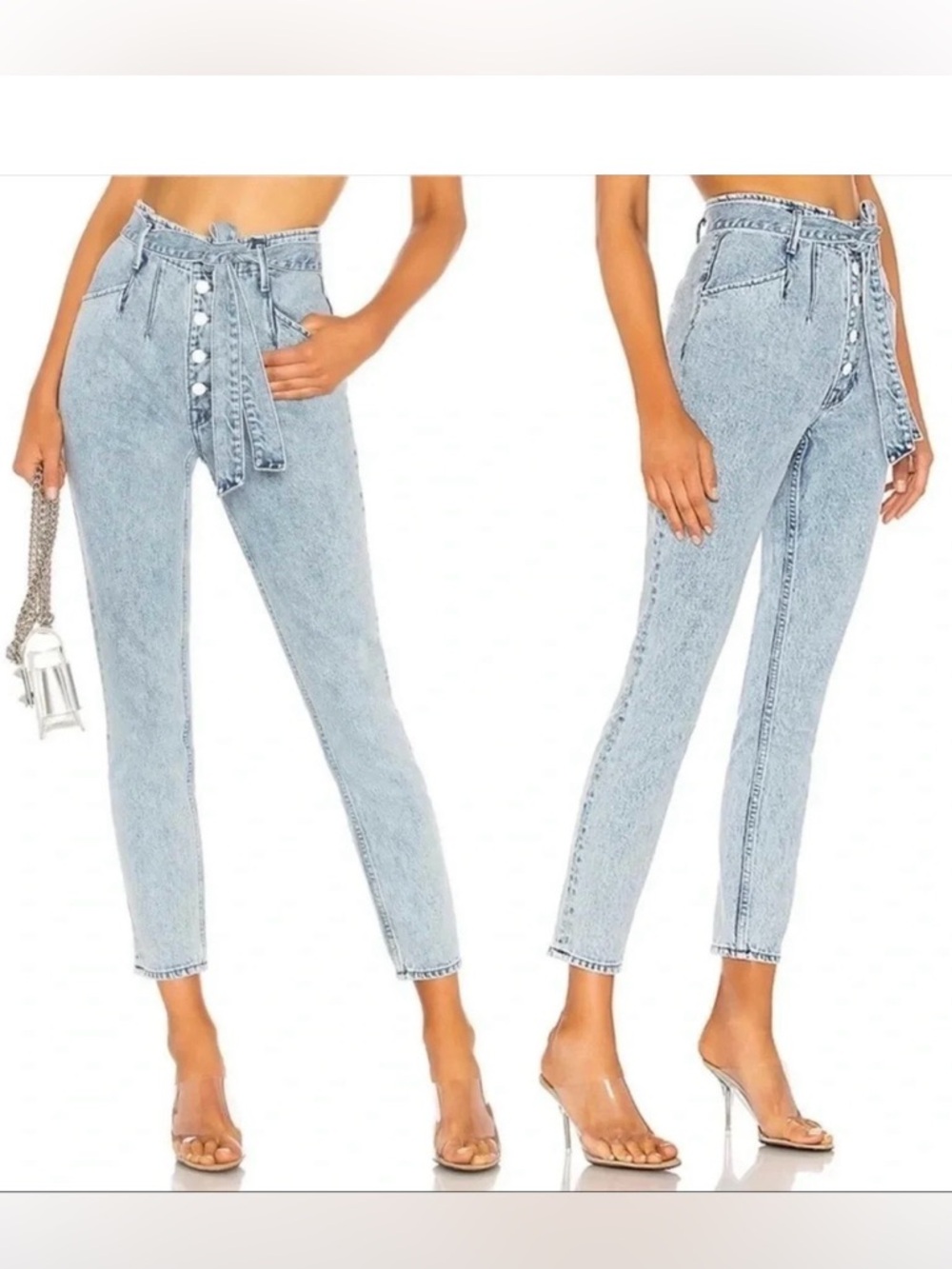 GRLFRND Daphne Ultra High Rise Jeans Borderlands Light Blue Denim Belted Size 25